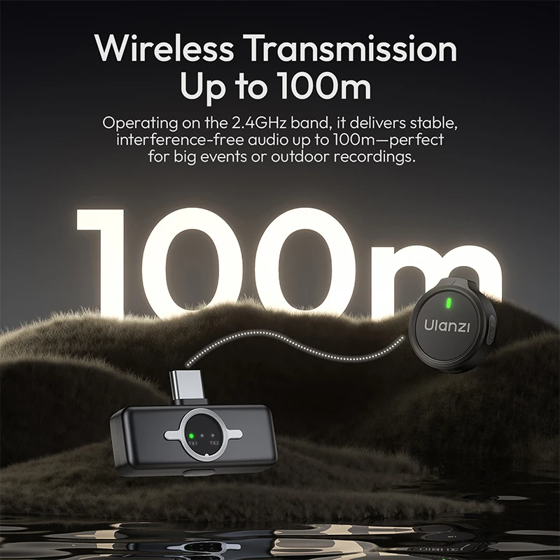 Ulanzi A21 Wireless Microphone 360° Sound Pickup 100m 2.4GHz 58dB for Smartphone Action Camera Studio Vlog Livestreaming Mic