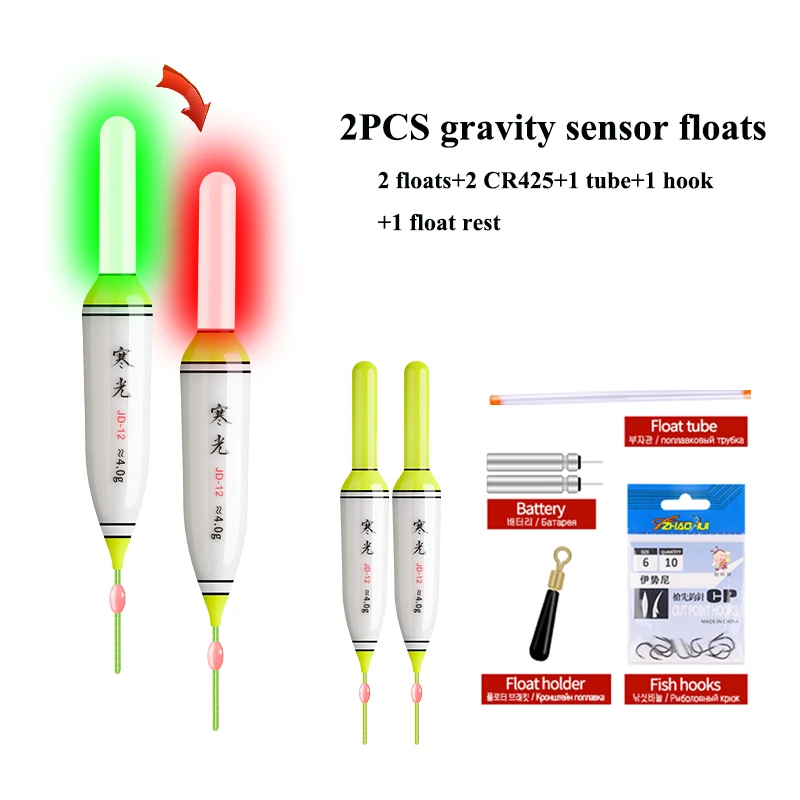 2 Stück Elektrische Schwerkraftsensor-Schwimmer + 2 CR425 + 1 Röhre + 1 Tasche Haken + 1 Schwimmerhalter Farbwechsel Leuchtende Nano-Bobber Zubehör – Detail 1