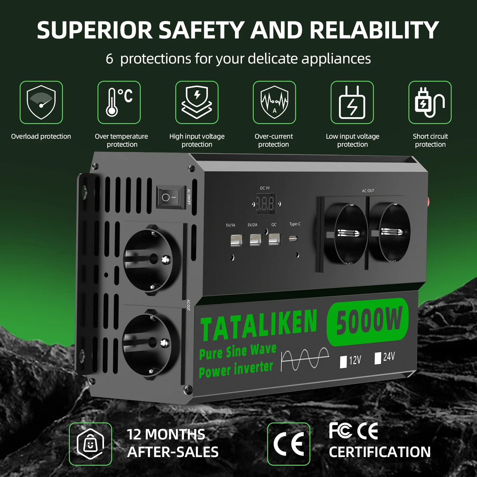 USB, TYPE-C 및 EU 소켓 순수 정현파 인버터 DC 12V to AC 220V 50HZ 전압 변환 컨버터 어댑터 LED 디스플레이