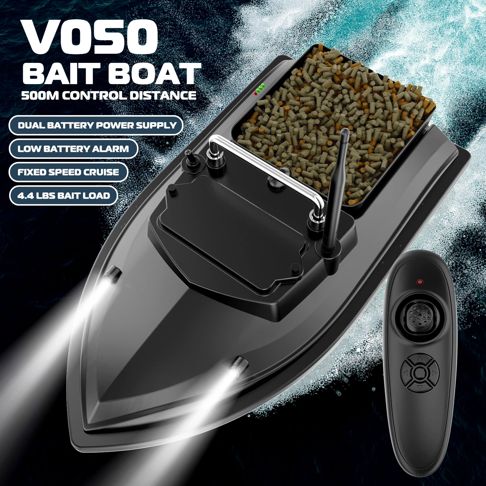 Bateau Appât Radiocommandé 300m, 1,8kg, Détecteur Poissons, 2 Trémies - Noir
