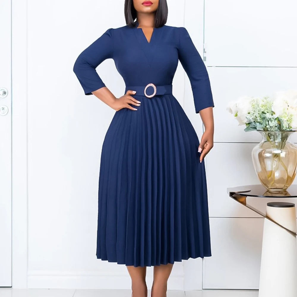

Eleagnt Pleated Dresses for Women Round Neck Full Sleeve Belt Waisted Mid Calf Professional Business Work Wear Vestidos Mujer OL