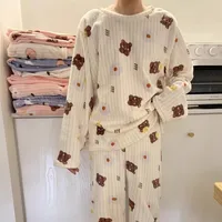 2025 New Women's Coral Fce Pajamas Set Warm Home Clothes Two-Piece Set Cute Sle High Waist Straight Leg Pants Korean Fas...