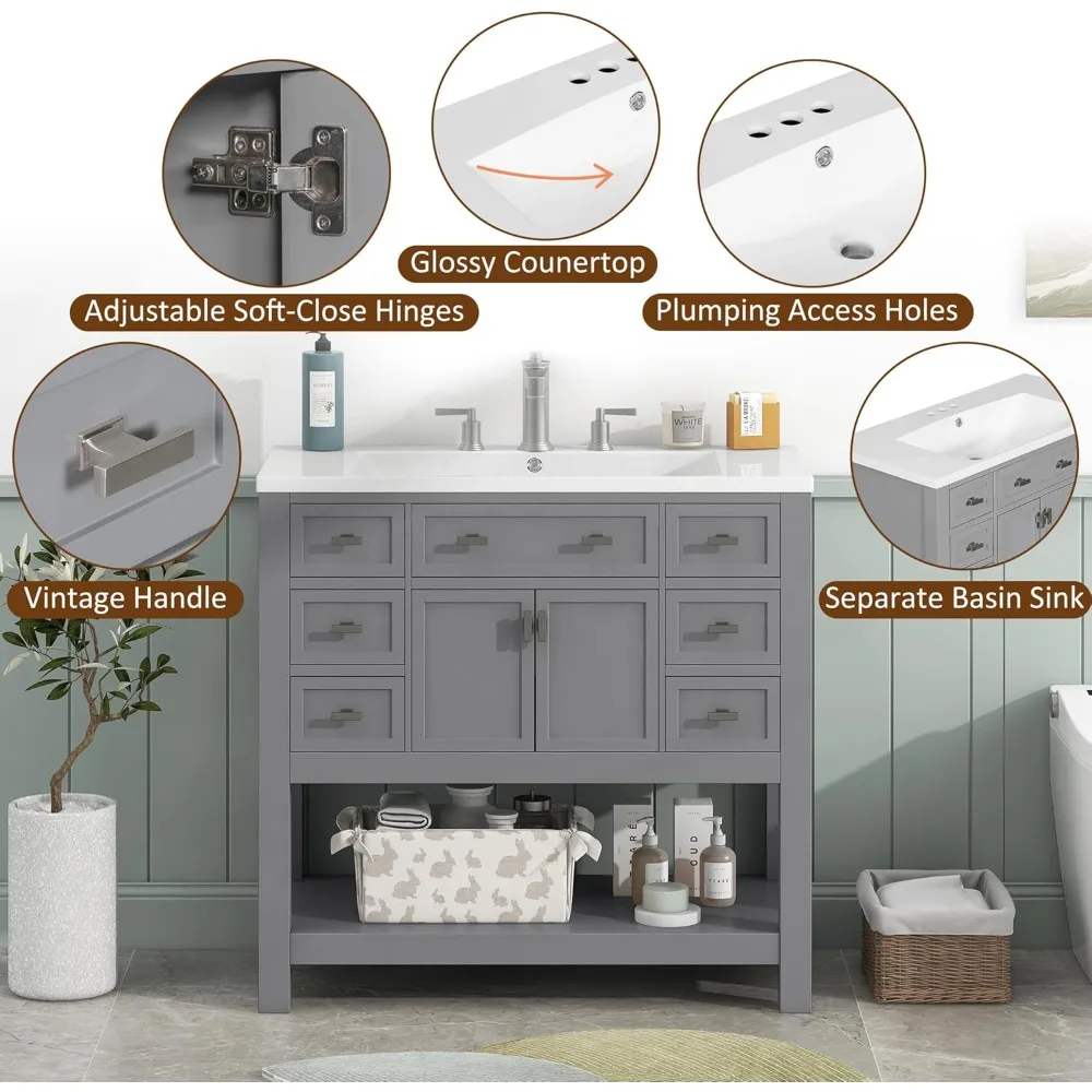 36'' Bathroom Vanity with Single Sink Combo, Modern Bathroom Sink Cabinet with 2 Soft Closing Doors Solid Wood Frame Vanities 5