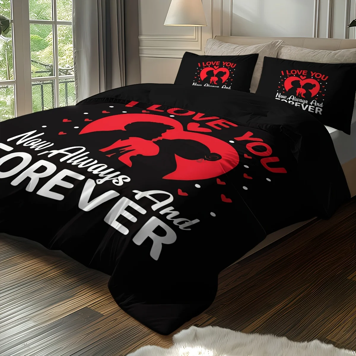 3pcs/set includes 1 comforter set + 2 pillowcases, without pillow core, Valentine'S Day Bedding Set with Love, Rose Flowers