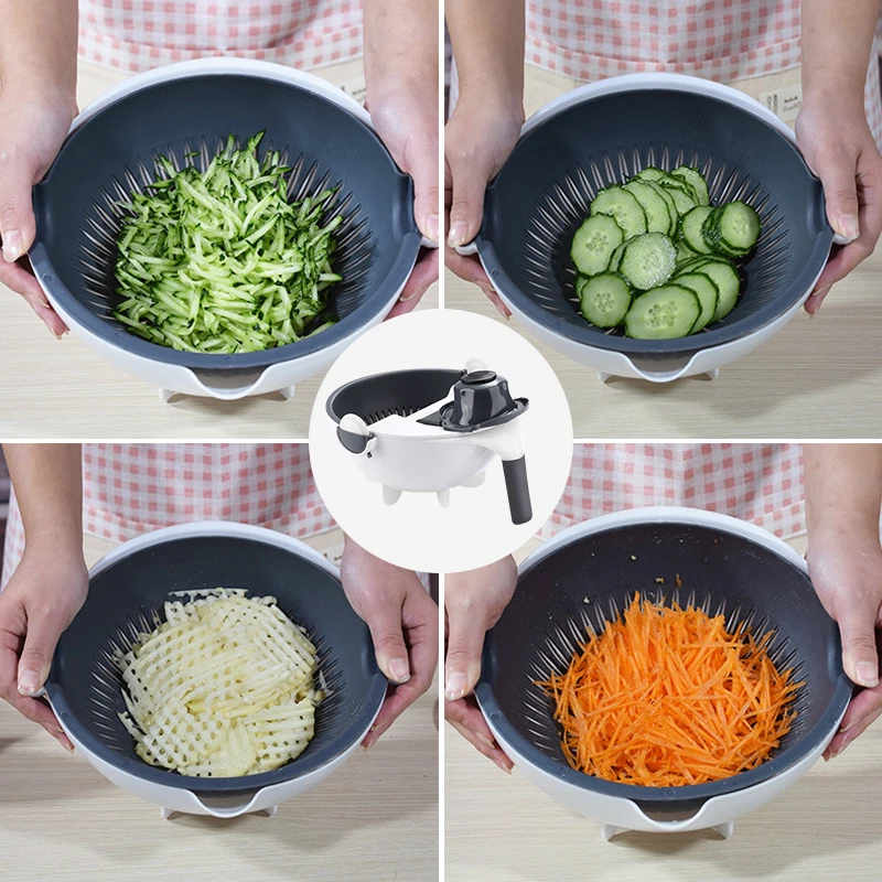 9 In 1 Multifunction Vegetable Cutter with Drain Basket Magic Rotate  Colander Vegetable Portable Slicer Chopper Vegetable Tools - AliExpress
