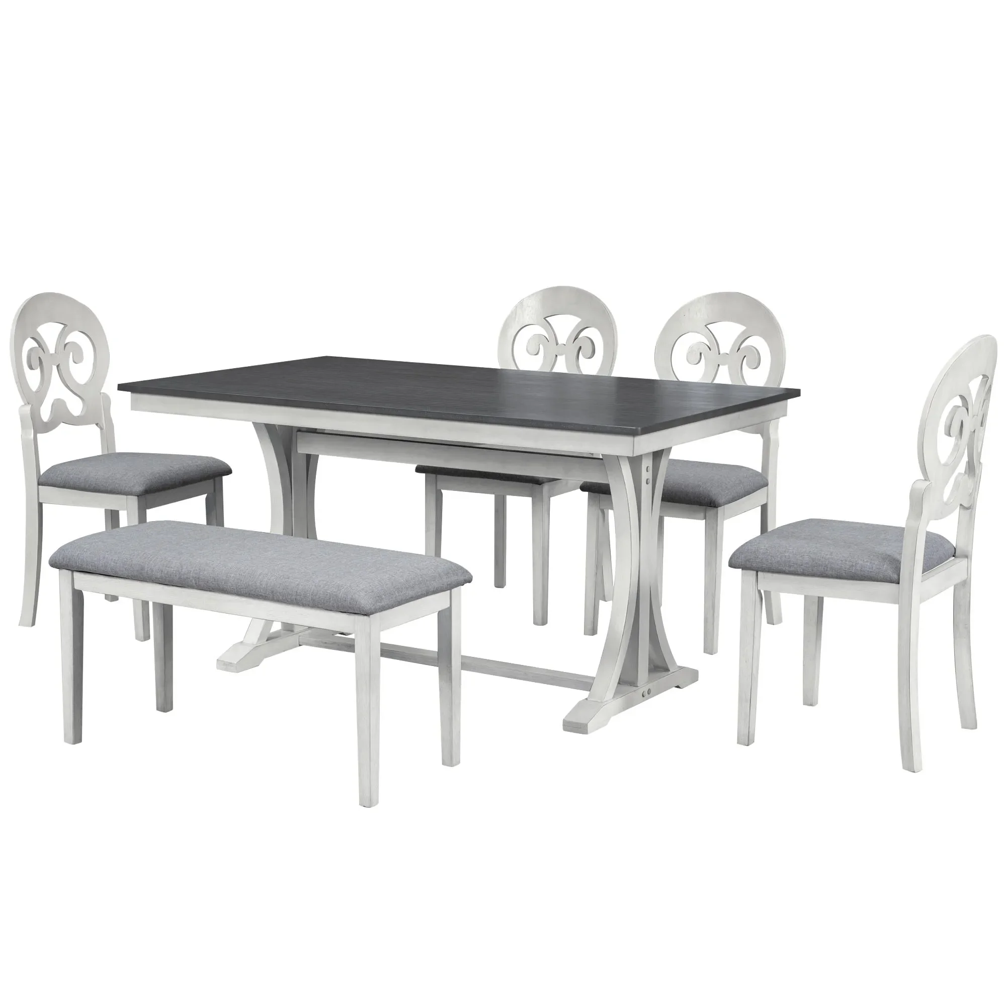 

6-Piece Trestle Table Set with Victorian Round Upholstered Dining Chairs and Long Bench, Gray+Antique White