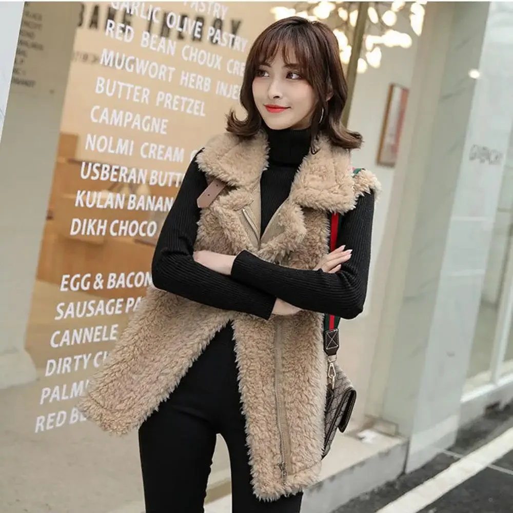2024 Winter Autumn Thick Lmitation Lamb Wool Vest Jackets Women Solid Warm Loose Zip Pockets Outwear Coat Gilet Femme Oversized