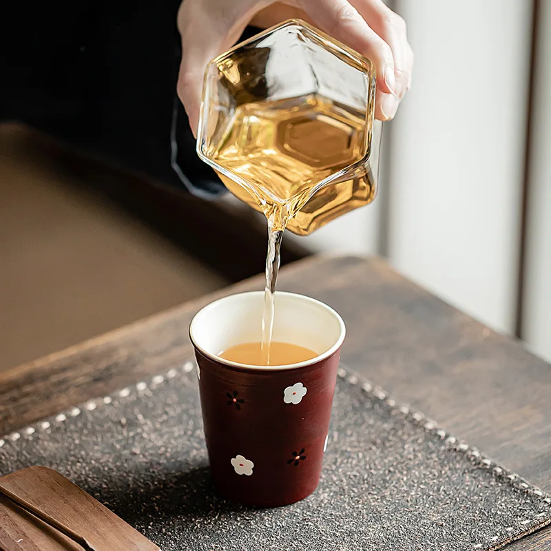 Pink hawthorn red hand-painted plum blossom double porcelain set, retro small capacity tea cup, household tea set