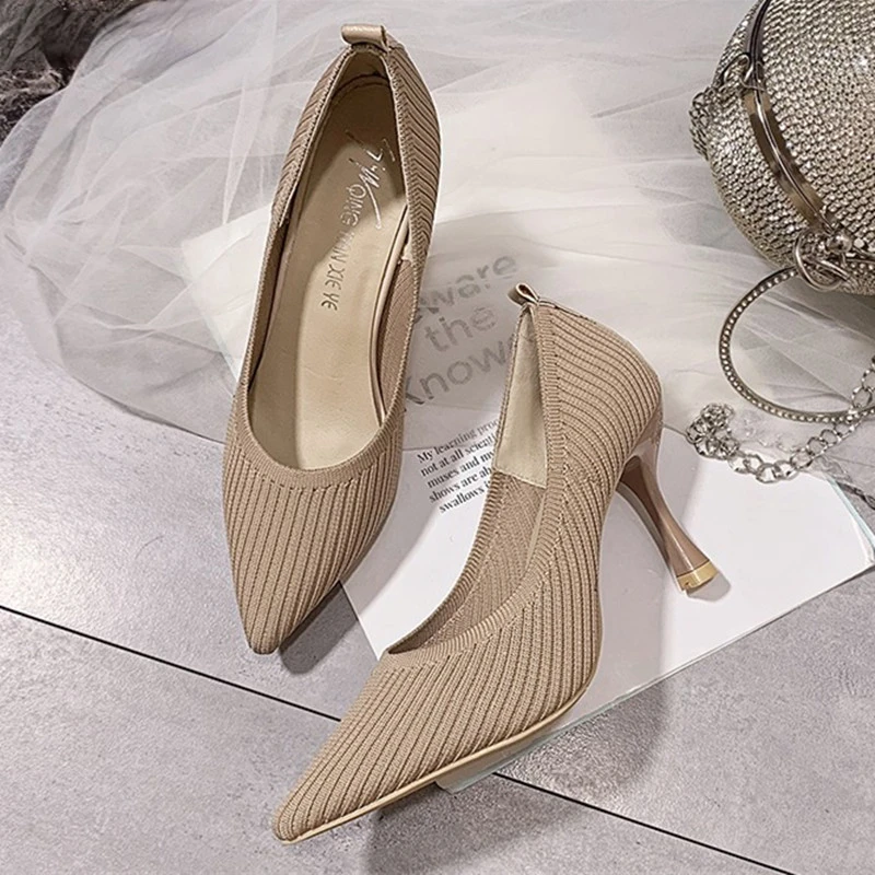 

Fashion Knitted Breathable Women Pumps 2023 New Pointed Toe High Heels Lady Shoes Wild Comfortable Thin Heel Office Work Shoes