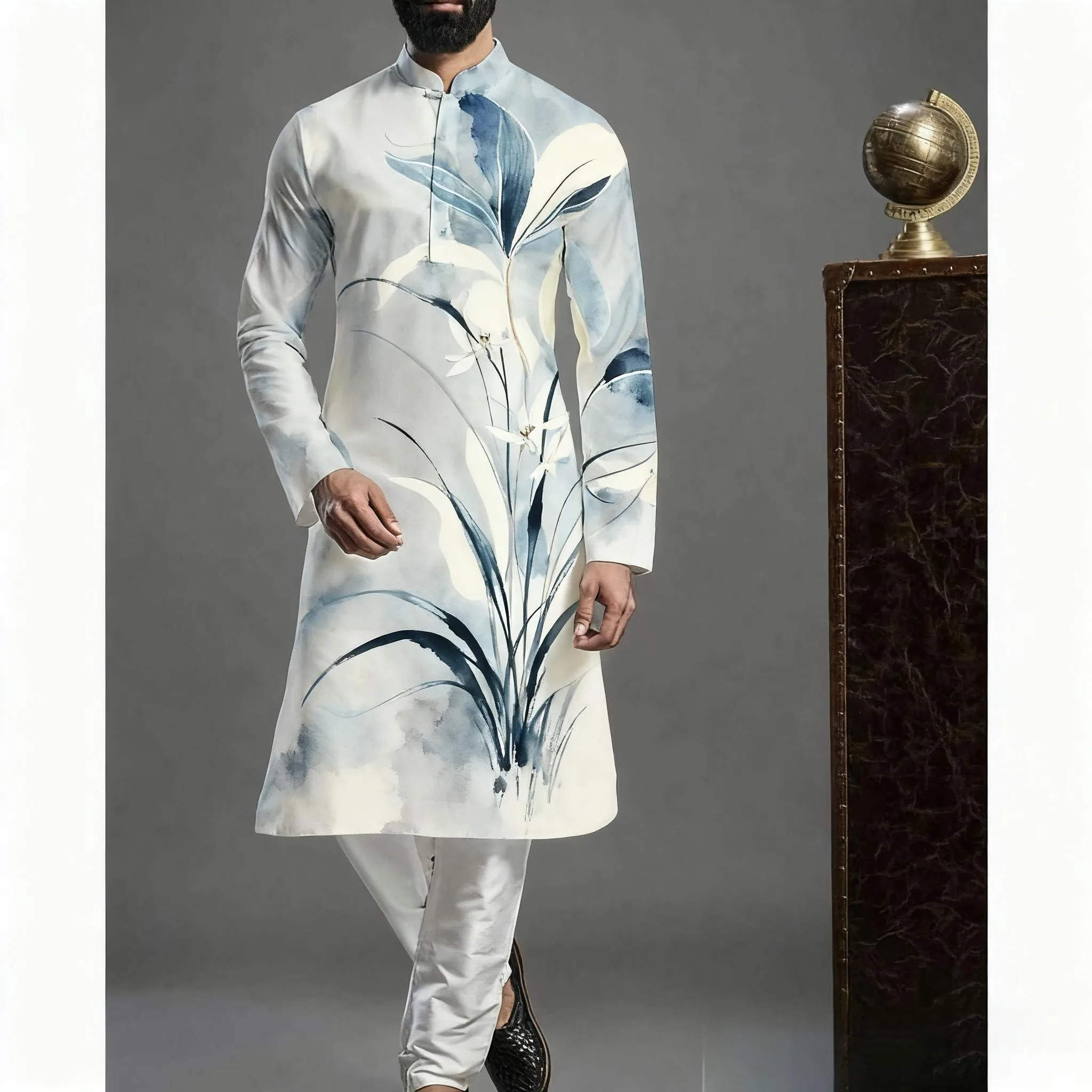 Muslim Kurtta Shirt Men Clothes Folk Kaftan Musulman Kurta Indian Islamic Clothing National Printed Long Sleeve Shirts