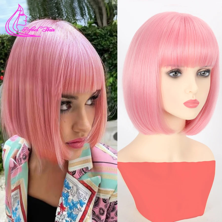 

Short Pink Bob Wigs with Bangs Natural Heat Resistant Synthtic Wigs for Women Fiber Hair Replacement Halloween Cosplay Wig