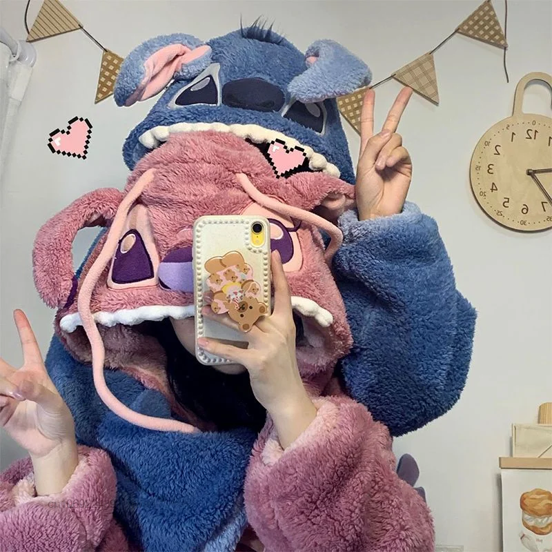 Disney Stitch Angel Hooded Pajamas Y2k Couple Kawaii Coral Fleece