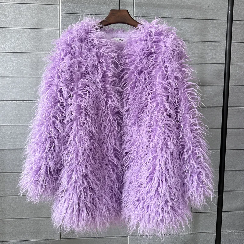 Mongolia Sheep Fur Women Medium Long Coat Jacket Colorful