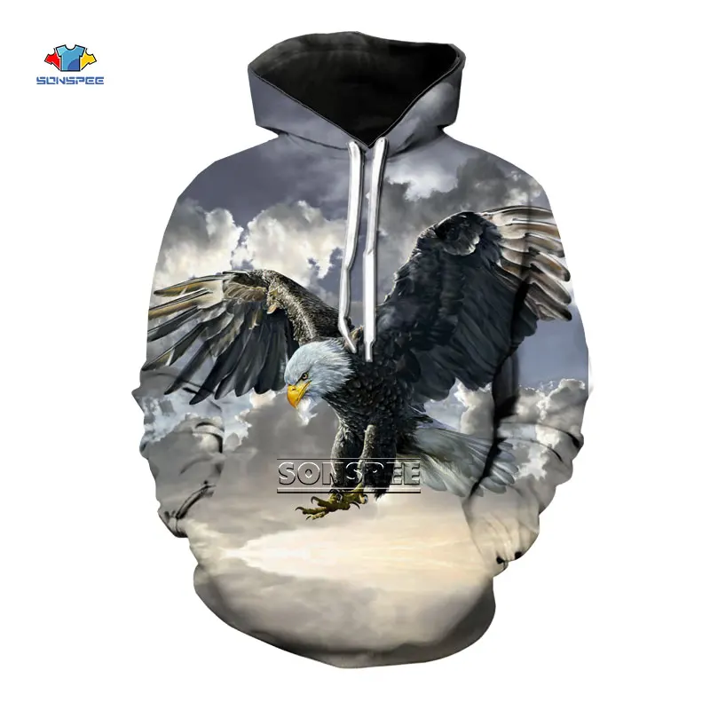 

SONSPEE Wild Animal Hoody 3D Print Bald Eagle Hooded Sweatshirt Autumn Harajuku Casual Streetwear Oversized Coat Men's Pullover