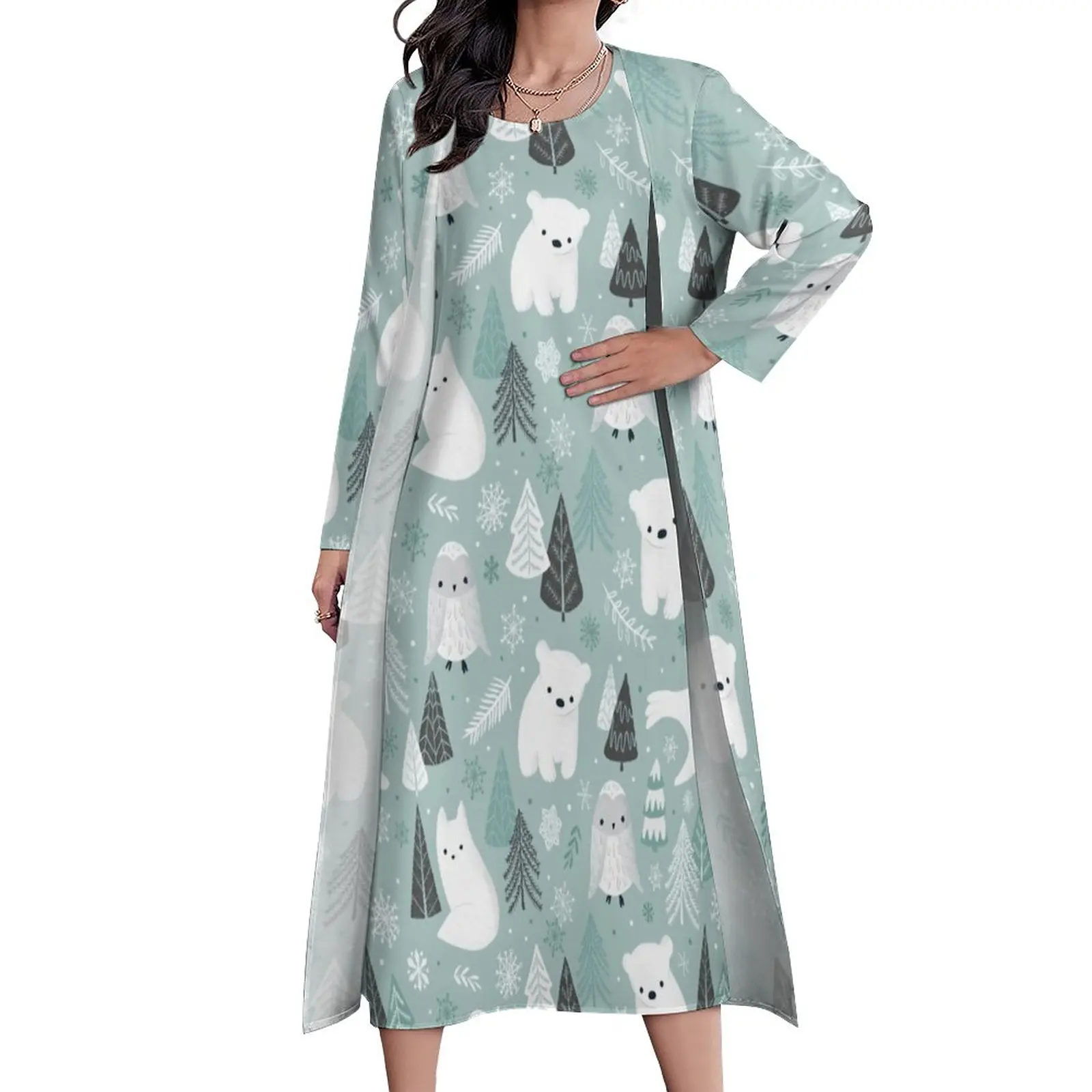 

Baby Arctic Animal Dress Long Sleeve Polar Bear Fox Aesthetic Boho Beach Long Dresses Female Vintage Maxi Dress Birthday Present