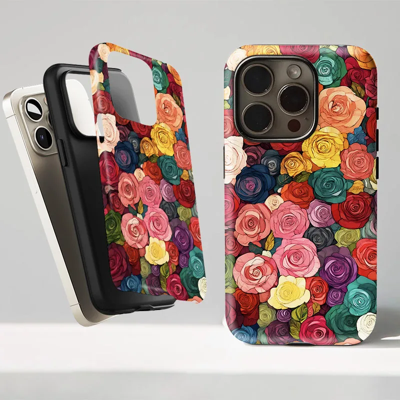 Colorful Flower Shockproof Bumper Phone Case with 2-in-1 Film Shell Design
