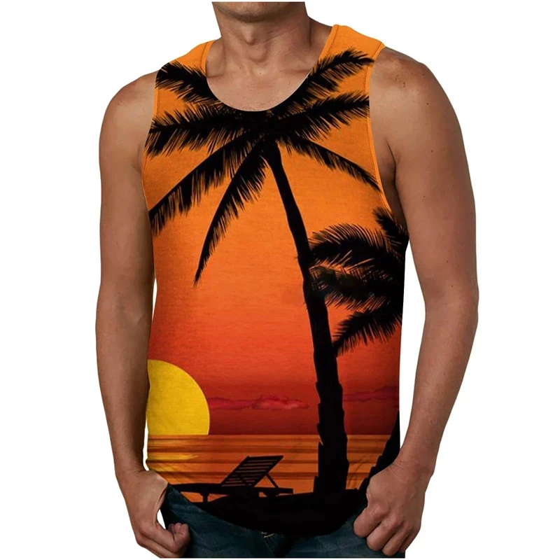 3D Print Palm Tree Graphic Tank Top For Men Clothing 2024 New Fashion Sleeveless Beach Tops Homme Hawaii Vacation Tee Shirt Male
