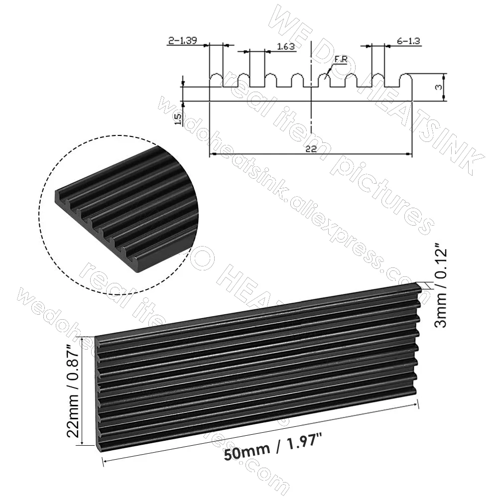 50x22x3mm 냉각 용 블랙 알루미늄 히트 싱크 MOSFET VRam 레귤레이터 열 테이프가있는 VRM 스테퍼 드라이버