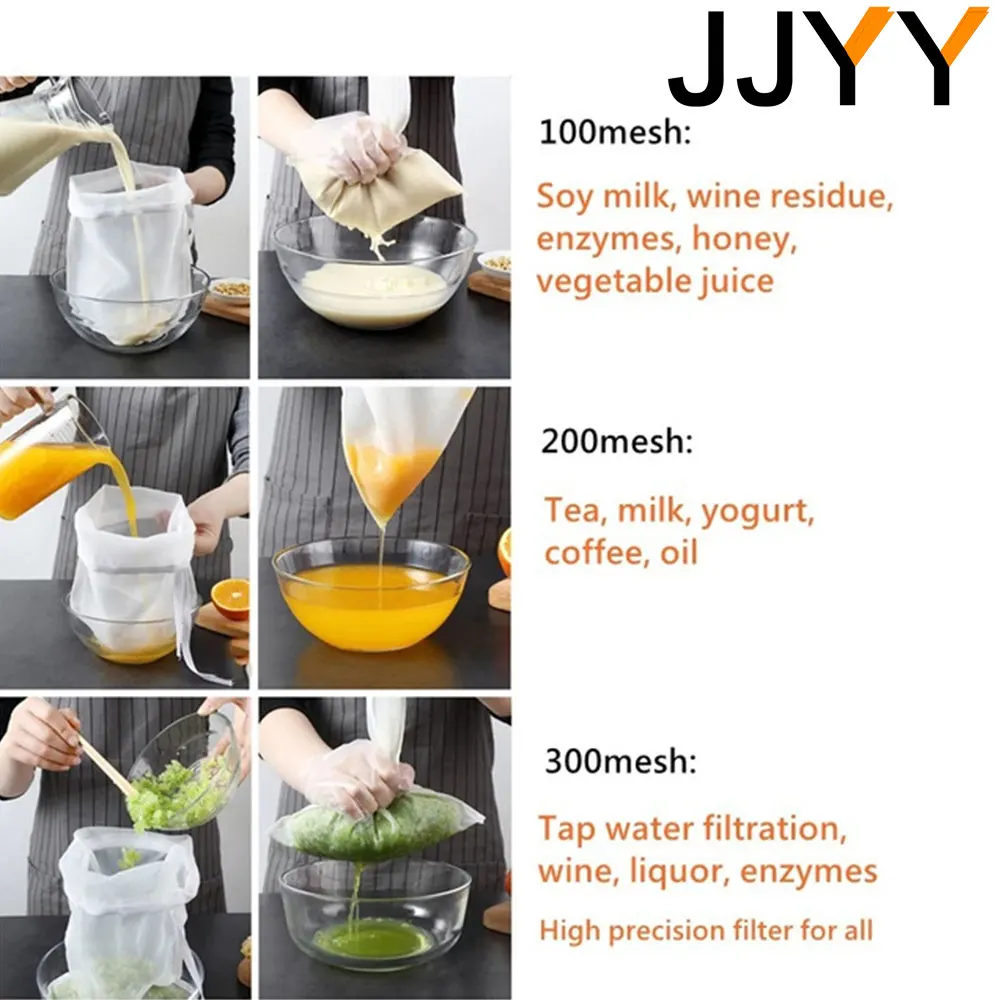 JJYY 100/200/300 Mesh Nylon Filter Nut Milk Bag Net Yogurt Tea Beer Coffee Oil Food Filter Strainers Mesh Kitchen Strainer Bags food strainer bag