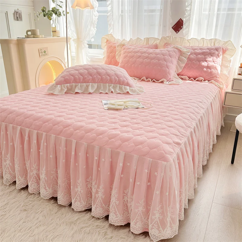 

AI WINSURE Korean Bed Cover Velvet for Queen Size Bed King Bedspread Quilted Lace Bed Skirt with 2 Pillow Cases 3pcs