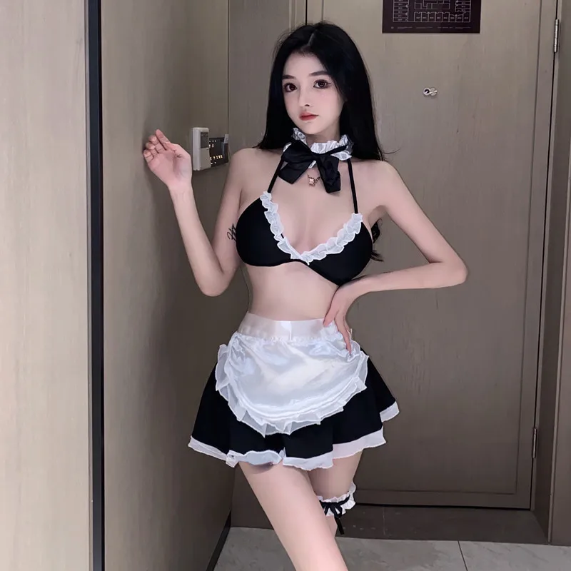 French Apron Maid Uniform Babydoll Bikini Set Erotic Role Play Women Sexy Lingerie Cosplay Costumes Bra and Miniskirt Underwear
