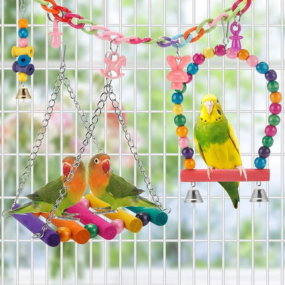 11Pcs Bird Cage Toys for Parrots Wood Birds Swing Reliable Chewable Bite Bridge Wooden Beads Shape Parrot Toy Bird Toys