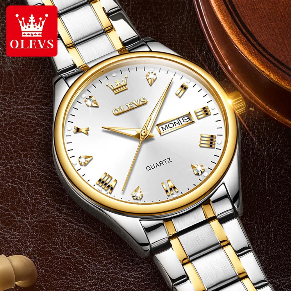 OLEVS 5563 Men's Watch Stainless Steel Fashion Quartz Man Wristwatch Dual Calendar Roman Scale Original Watch For Men Waterproof