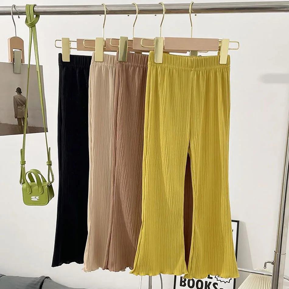 Children Summer Solid Color Thin Ice Silk Flare Pants Girls Ccasual Pants Versatile Fashion Pants Girl Princess Style Pants