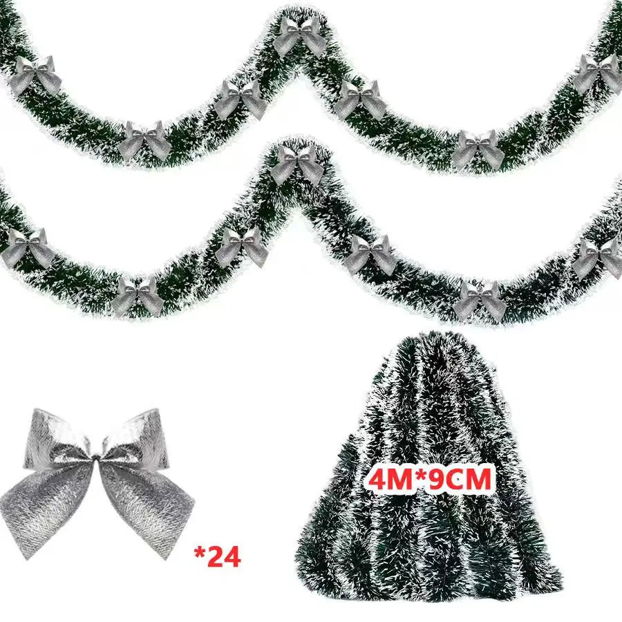 Festive Green Tinsel Ribbon with Bow Garland