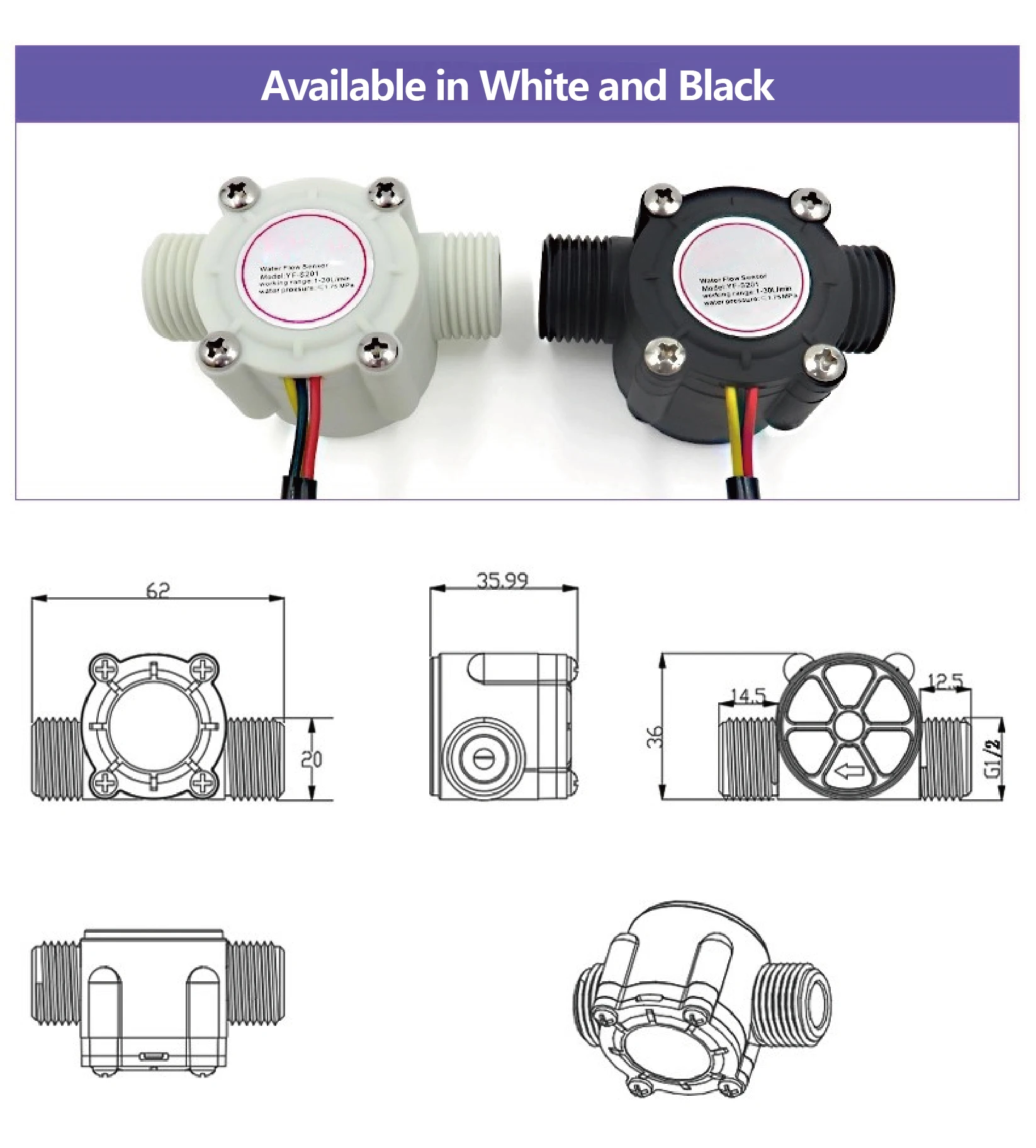 YF‑S201/YF‑S201B/YF‑S201C 1–30 L/min Water Flow Sensor G1/2 Hall Effect DC 3.5–2