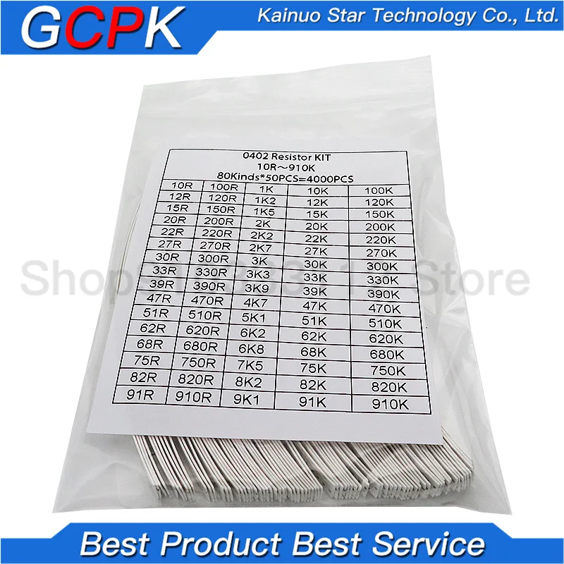 4000pcs 0402 SMD Resistor Kit Assorted Kit 10ohm-910K ohm 5% 80valuesX 50pcs=4000pcs Sample