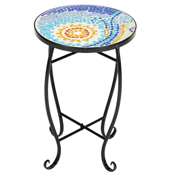 

Iron Round Table Tea Table Blue Hawaiian Inlaid Color Glass Sun Mosaic Round Terrace Bistro Table Bed Edge Table