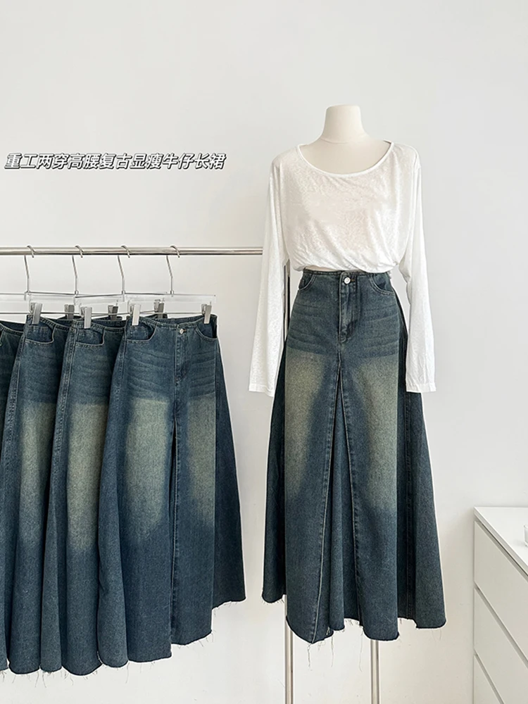 

Harajuku Denim Skirts Women Korean Fashion All-Match Casual Students Vintage Hot High Waist Gradient A-Line Skirts Split Hem