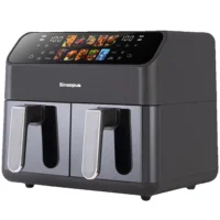 Friteuse à air chaud sans huile à double panier de 9 L avec fenêtre, friteuse électrique à air chaud avec minuterie, friteuse numérique de taille familiale pour usage domestique, 10 programmes automatiques avec écran tactile LED, 2 compartiments indépendants de 4,5 L, taille four familial 1