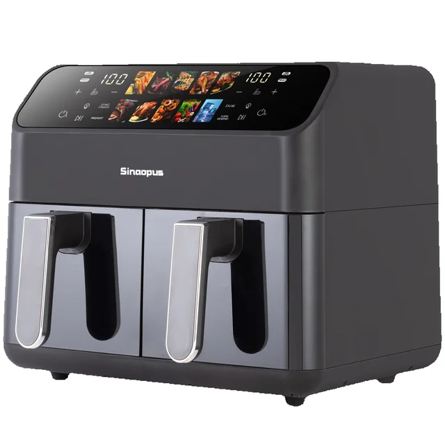 Friteuse à air chaud sans huile à double panier de 9 L avec fenêtre, friteuse électrique à air chaud avec minuterie, friteuse numérique de taille familiale pour usage domestique, 10 programmes automatiques avec écran tactile LED, 2 compartiments indépendants de 4,5 L, taille four familial 1