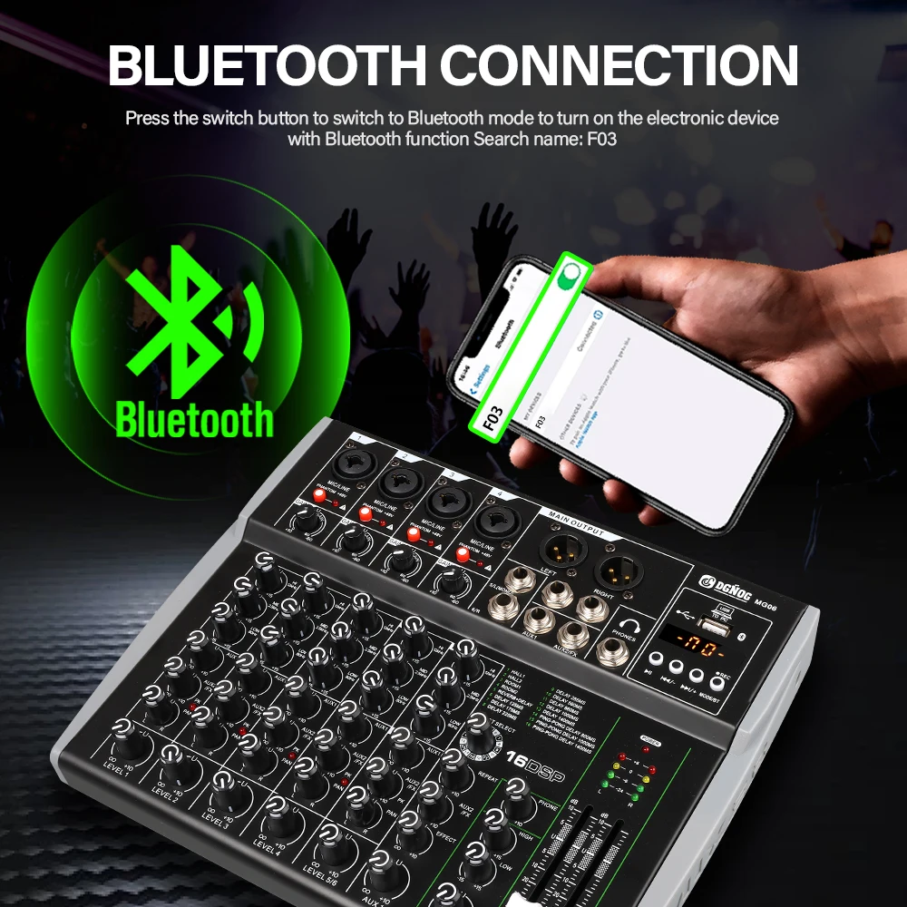 DGNOG MG06 프로페셔널 DJ 오디오 믹서 48V 팬텀 파워 16 DSP USB 블루투스 레코딩 믹싱 콘솔 무대 가라오케 스튜디오용