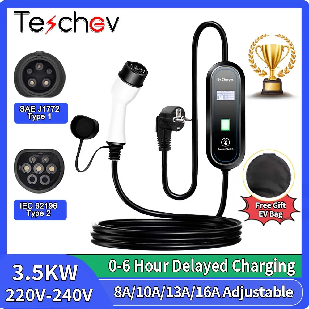 

Teschev 220V Portable EV Charger Type 2 16A 3.5W EVSE Charging Electric Car Charger Type 1 J1772 Electric Vehicle Charger