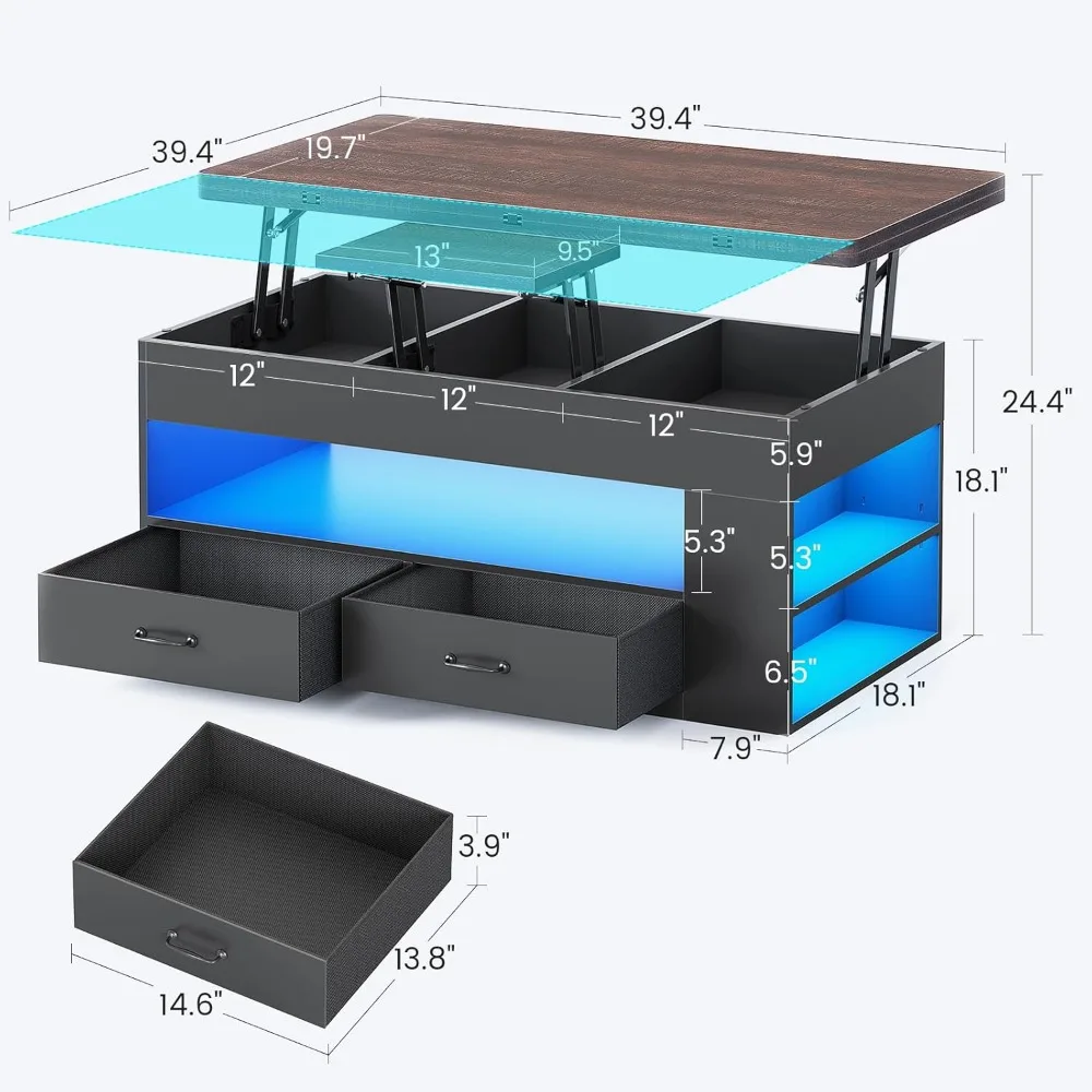 4-in-1 Lift Top Coffee Table with Storage, LED Lights & Hidden Compartment for Living Room, Black