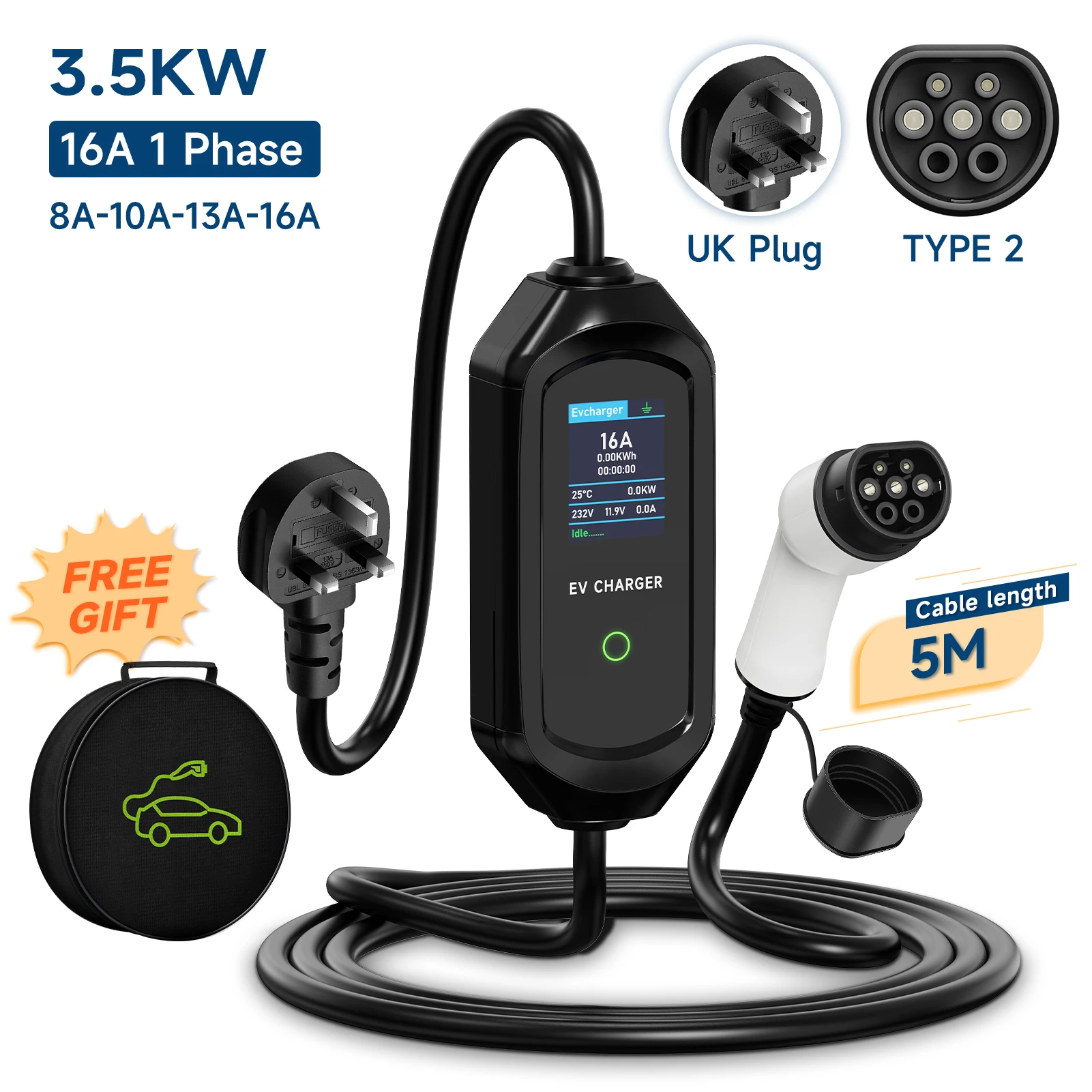 

Portable EV Charger 3.5KW Type2 IEC62196-2 Britain Plug EVSE Fast Charging Cable 16A Type1 SAE J1772 Wallbox for Electric Car