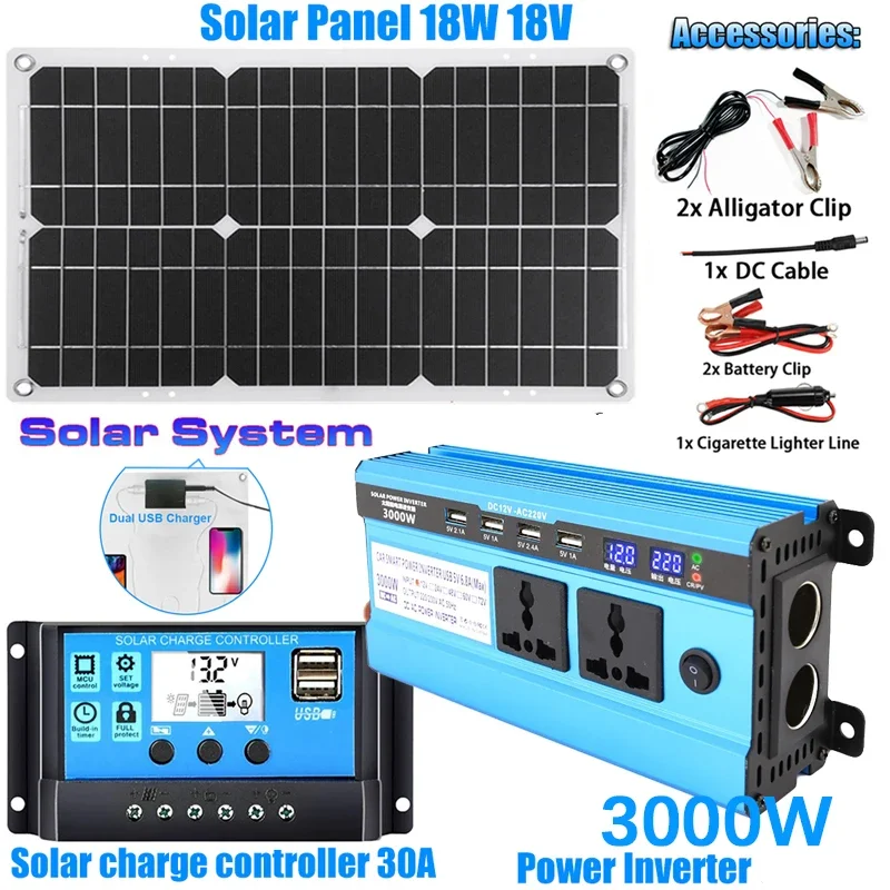 5000W Solar Panel Kit Modified Sine Wave 12V To 220V 18V Panel 30A Charge Controller Power Generation solar panel kit solar power panel kit
