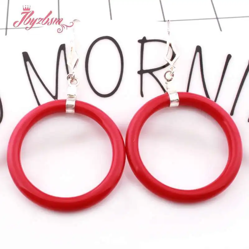 

32mm Round Ring Agate Cat Eye Coral Stone beads Tibetan Silver Fashion Jewelry For Woman Xmas Gift Hook Dangle Earrings 1 Pair