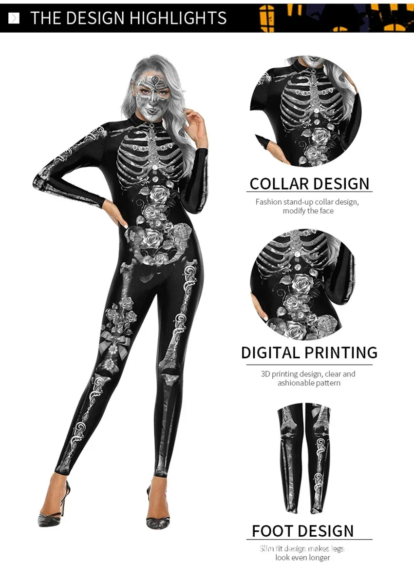Halloween Skeleton 3D Print Performance Costume Men Women Horror Skeleton Tights Uniform Bodysuit Festival Cosplay Jumpsuit