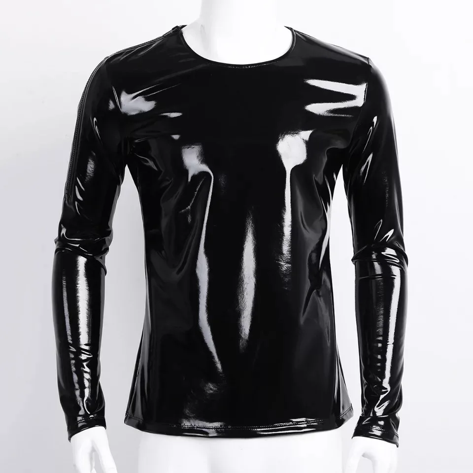 

Plus Size Long Sleeve PVC Faux Leather Clothing Shiny Top Straitjacket Round Collar T Shirt High-Gloss Patent Leather Tight Coat