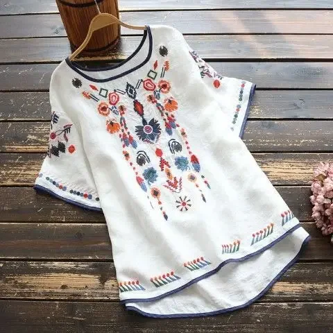 

Embroidered Floral Shirt for Women Vintage Summer Blouses Oversized Tops Indie Folk Short Sleeve Blouse 2023 Blusas De Mujer