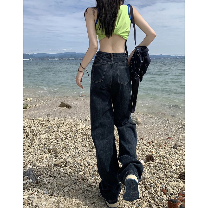 ダークブルーのレディースジーンズ,ハイウエスト,ヴィンテージ