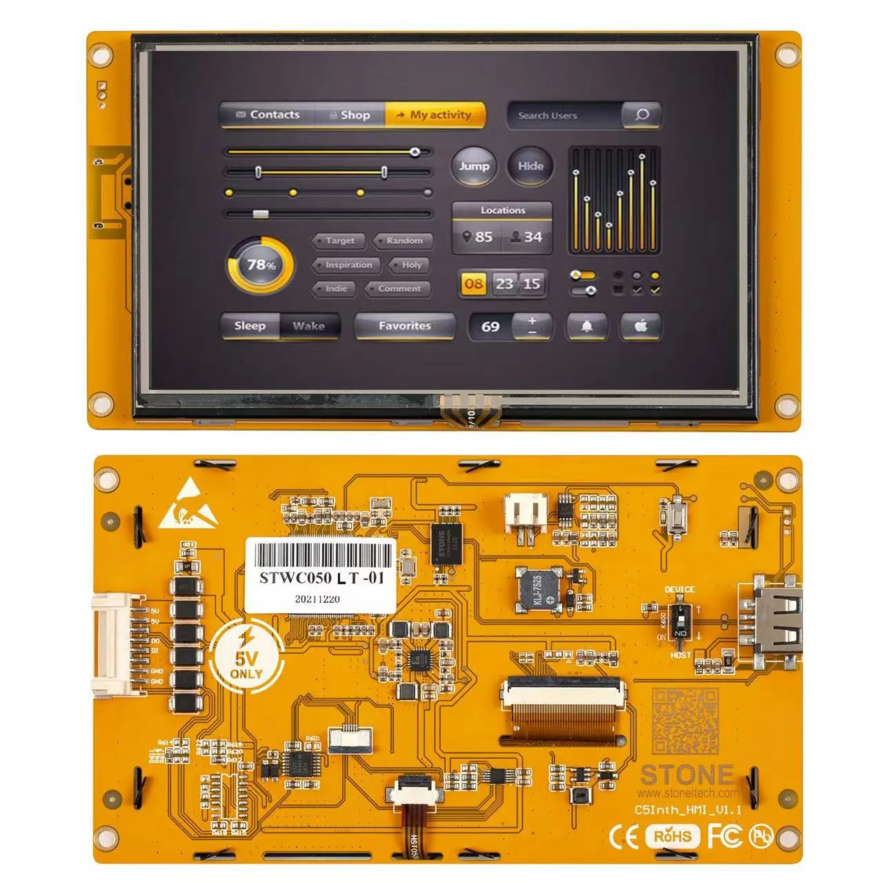 

SCBRHMI Enhanced Series HMI RTP LCD Display 5'' inch Size 128M-1GB Flash Memory Cortex A8 Touch Display