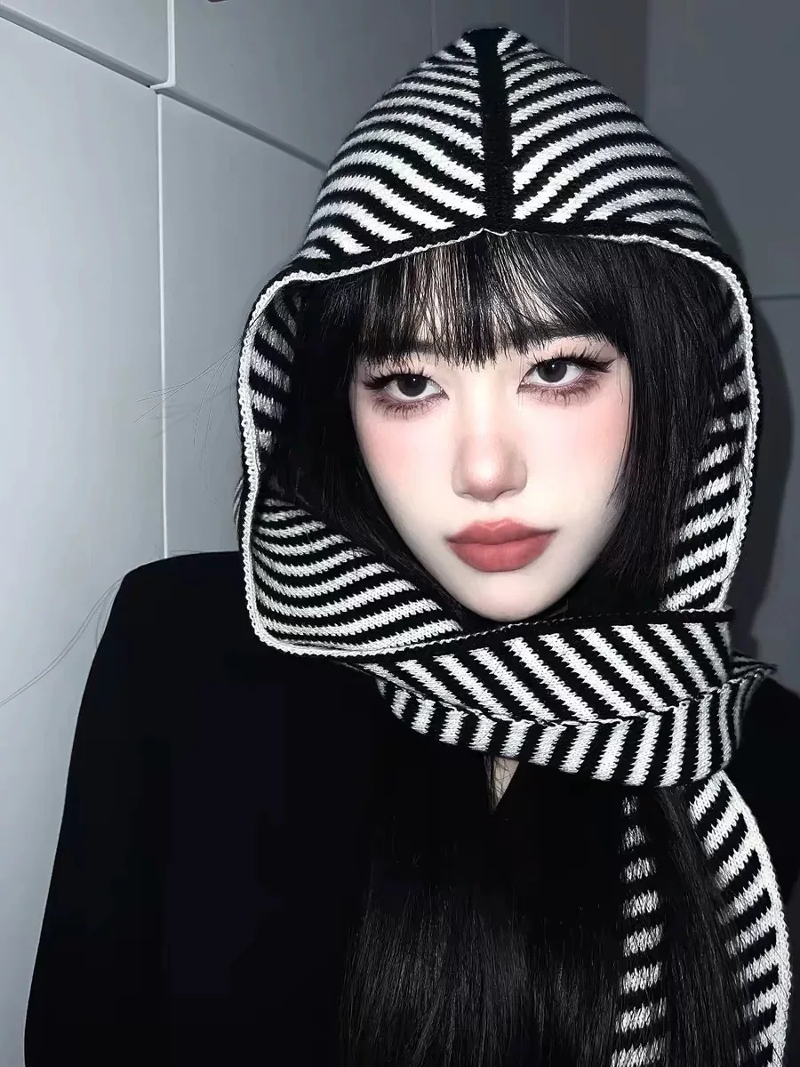 Winter Knitted Hat with Scarf Women Korean Version of Striped Scarf Hat Female Retro Warm Shawl Neck Wool Knit Hat Hooded 3