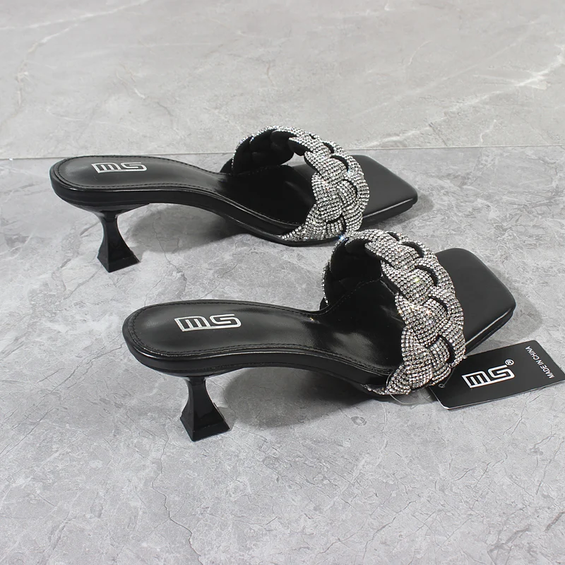 Women's Slippers 2024 Summer New Handmade Crystal Braided High Heels Sexy Stiletto Outside Fashion Women's Sandals 7CM