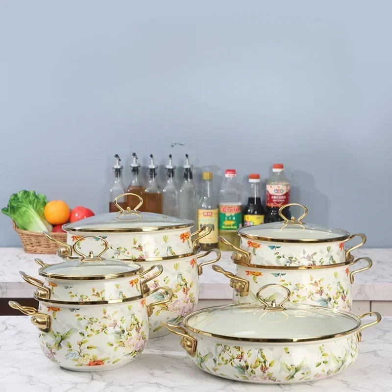 Arrived Enamel Cooker Bird Song Flower Fragrance Double Ear Stewing Pot Thick Soup Pan For Electric Stove And Gas