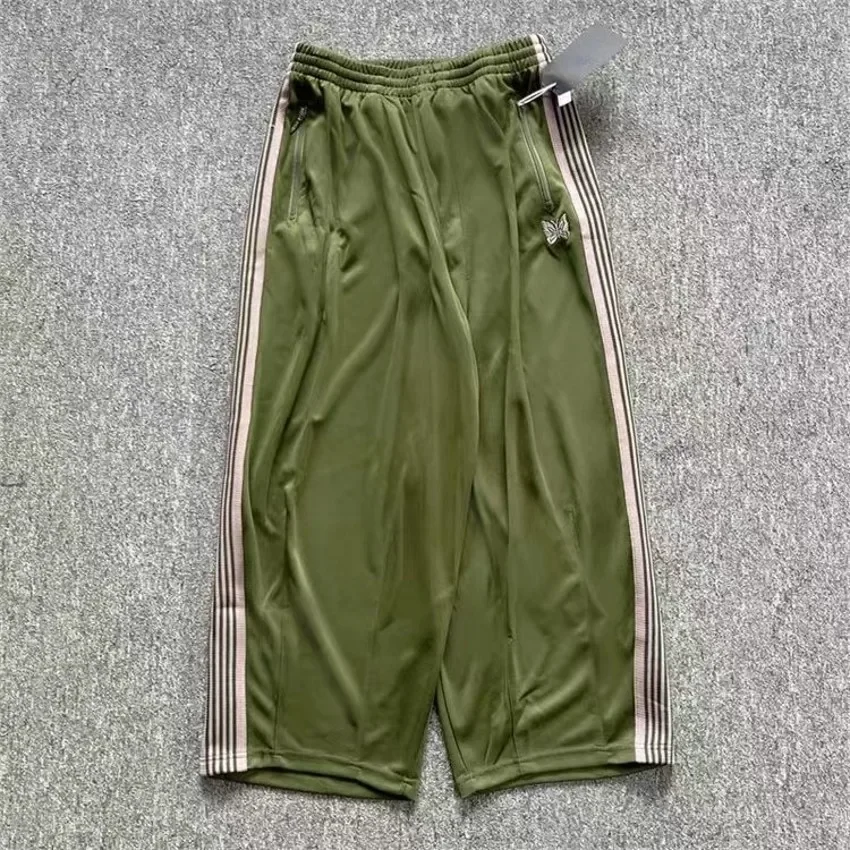 

New Military Green Needles Wide Leg Pants Men Women Track Drawstring Sport Trouser AWGE Embroidered Butterfly Sweatpants